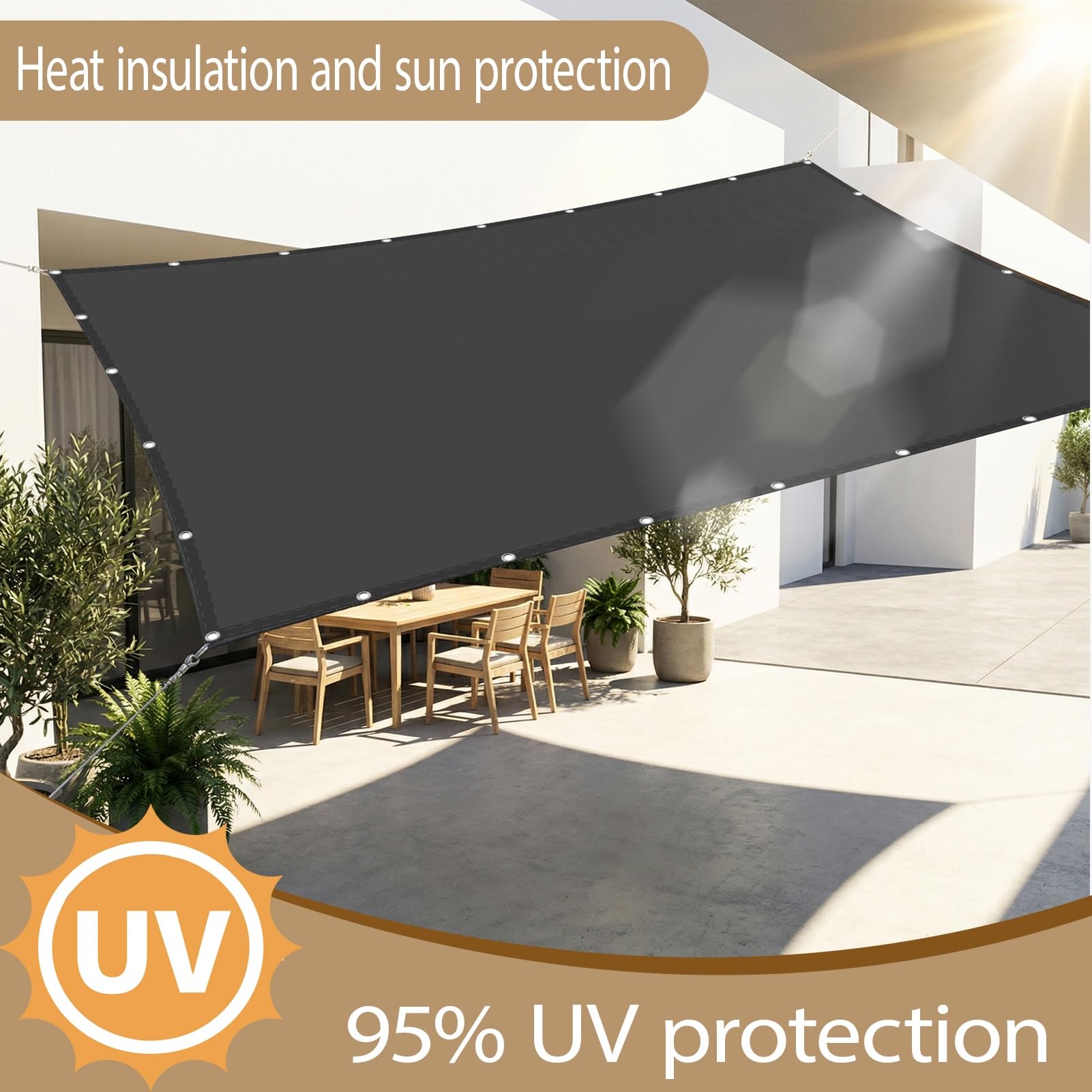 Sonnensegel 3 x 8 m 95% Uv-Schutz Wasserdicht Wasserdicht Segeltuch Sonnensegel Schattenspender für Außenbereich, Garten, Hellgrau