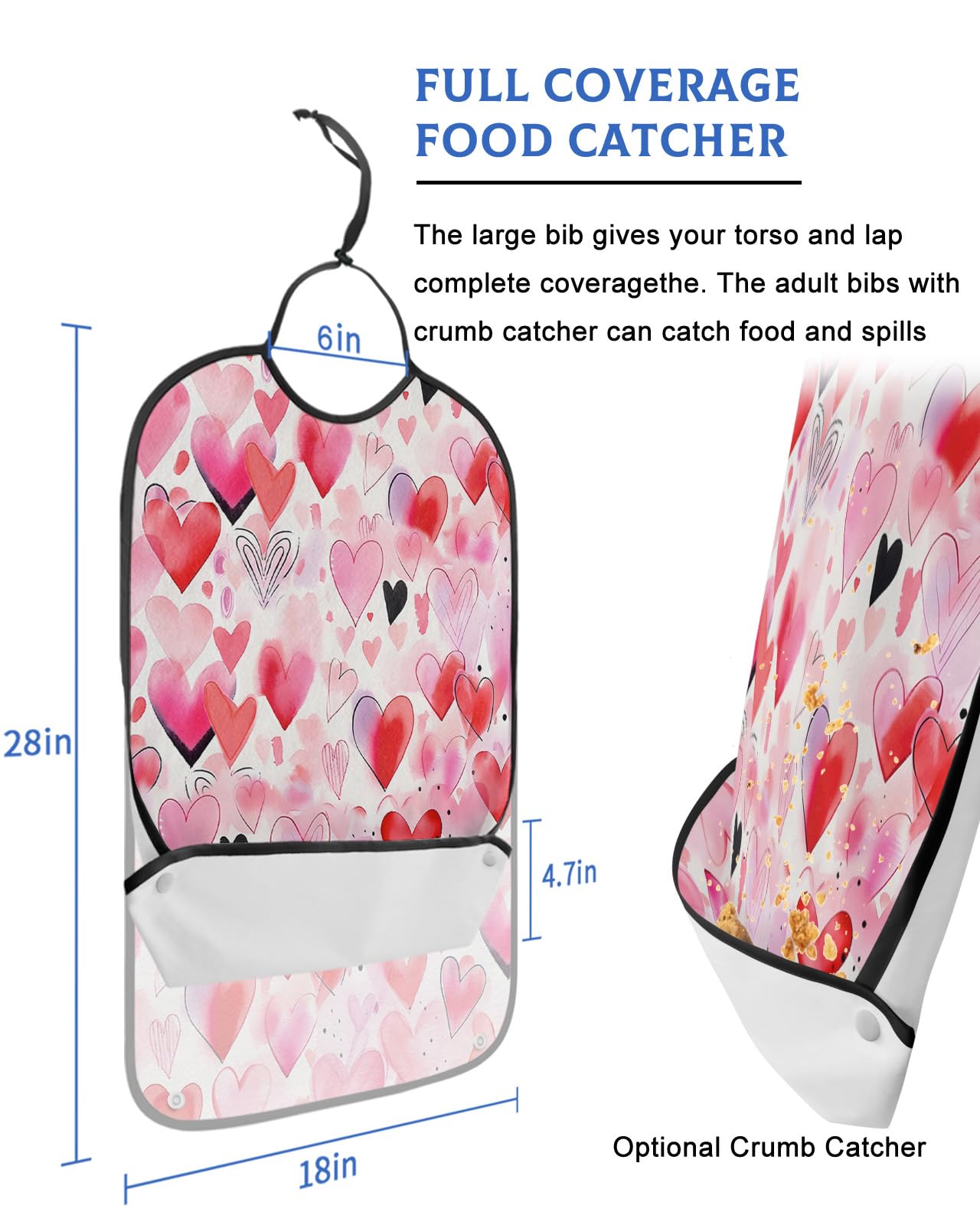 LEOKOTI Pink Red Love Heart Valentines Adult Bibs for Eating, Waterproof Bibs with Food Catcher & Adjustable Snap Closure, Watercolor Love Heart Washable Clothing Protectors Adult Bibs for Elderly