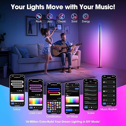 Miniatura 6 de Lámpara de pie, lámpara LED RGBICW compatible con Alexa y Google Assistant, luz de esquina desmontable de 4 segmentos de 60 pulgadas con base