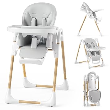 Kinder King Foldable High Chair for Babies and Toddlers, Reclining Seat