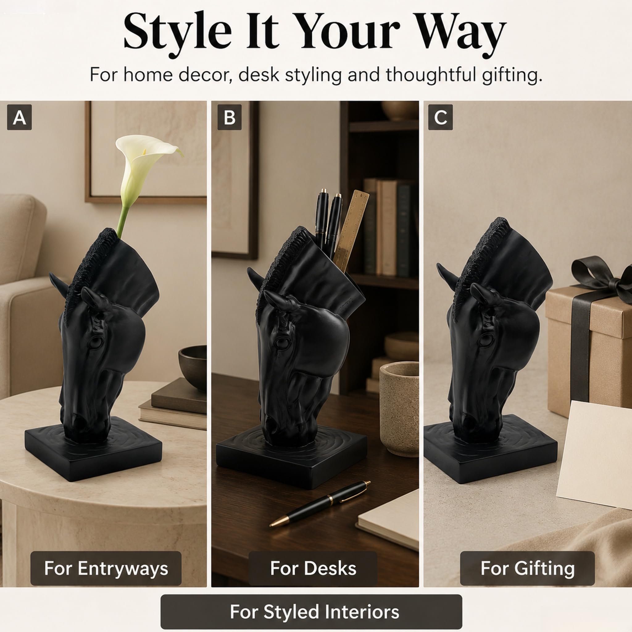 Pferdekopf Vase Schwarz Pferd Statue Harz Blumenvase Minimalistische Dekorative Vase für Garten Terrasse Wohnzimmer Elegantes Geschenk