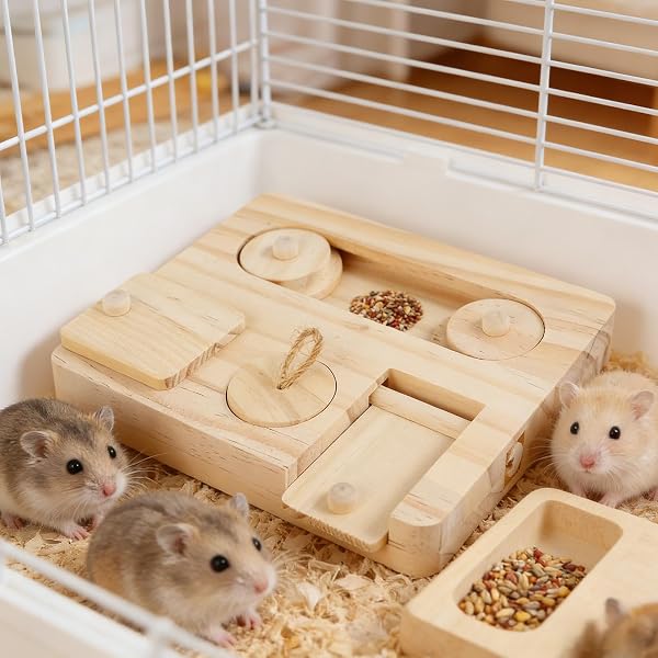 Jouets de stimulation pour lapins - Distributeur de nourriture en bois pour petits animaux de compagnie - Pour cage intérieure, maison, hamster, souris, lapins - 3