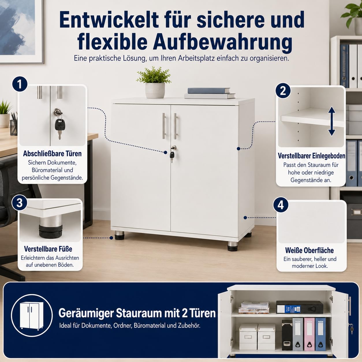 MMT Furniture Ltd weiss aufbewahrungsschrank – mehrzweckschrank - 2 türiger Büroschrank - Akten Büroschrank mit einlegeböden – abstellschrank (80D x 45W x 73H inches)