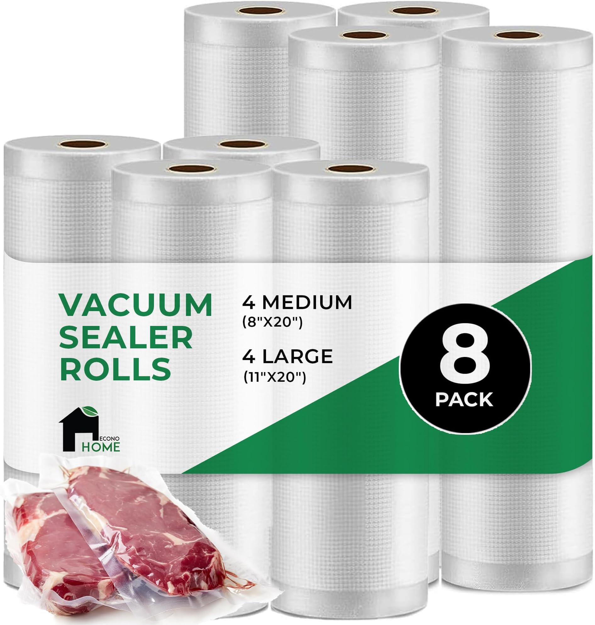 Heavy Duty Vacuum Seal Bags 8 Pack (4 Rolls 11"x20', 4 Rolls 8"x20') – Commercial-Grade Airtight & Leakproof Vacuum Sealer Bags for Food, Sous Vide, Meal Prep, Processing & Dry Aging Meat
