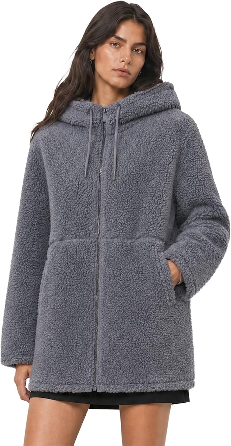 Women's Sherpa Fleece Jacket Hooded Winter Coat, Oversized Full Zip Long Cozy Warm Teddy Jacket with Pockets