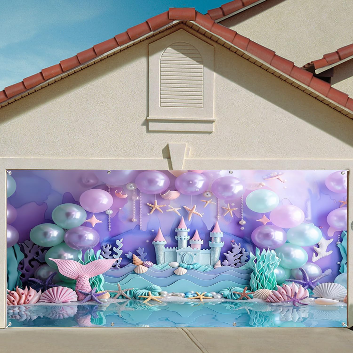 7x16ft Mermaid Castle Themed Garage Door Decor Pastel Colored Balloons Seashell Coral Accents Enchanting Underwater Scene Garage Door Cover for Indoor Outdoor Fairy Tale Festive Decor
