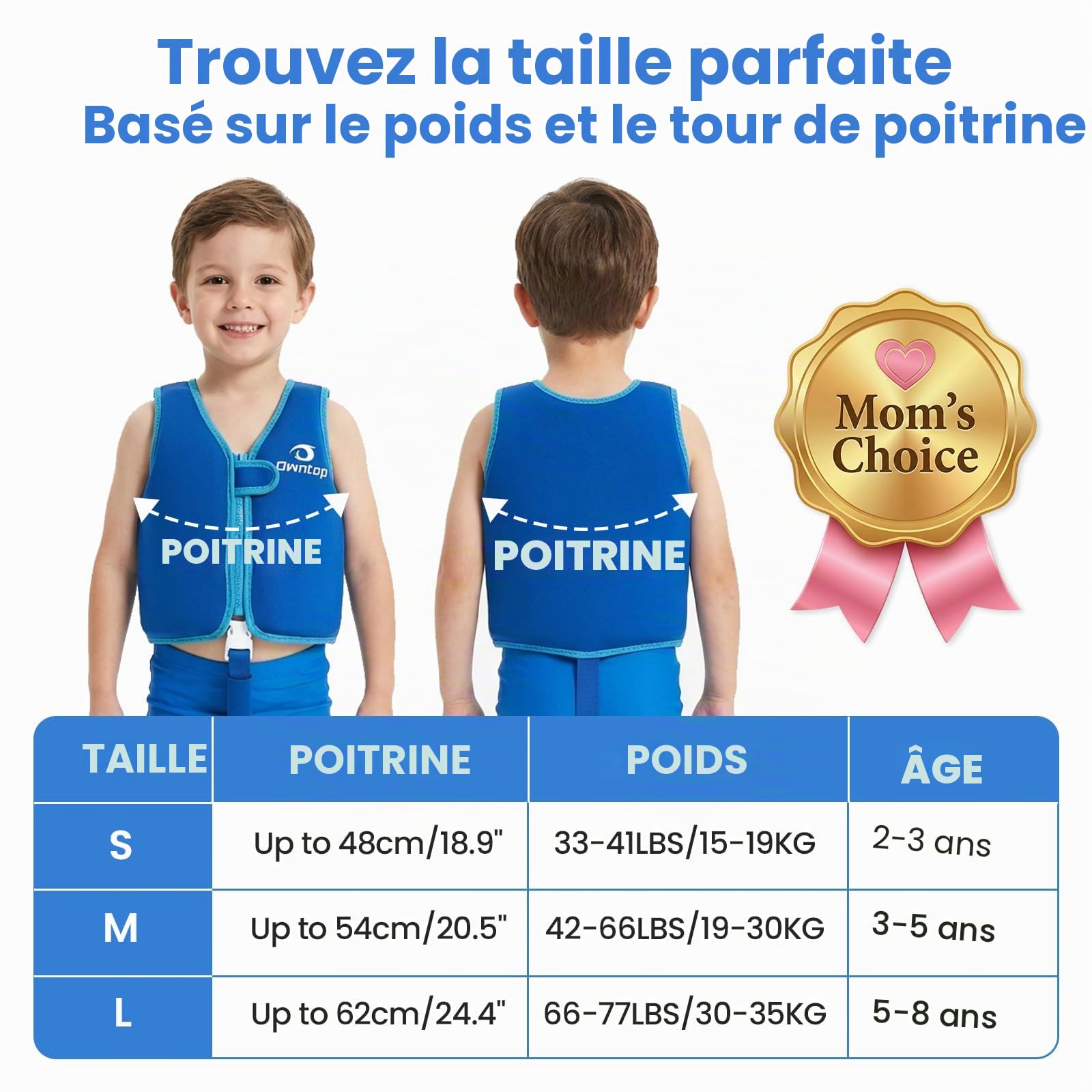 Owntop Gilet de Natation pour Enfants - Gilet de Flottaison avec Bande d'Entrejambe | Aide à la Flottabilité Enfants| Veste de Natation en Néoprène Léger | pour Garçons et Filles de 2 à 8 Ans