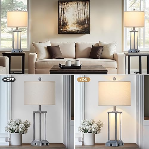 Miniatura 4 de 27" Tall Vintage Table Lamp Set of 2 with USB C+A & Outlet,Gray Nightstand Lamp for Living Room,Retro Bedside Lamps with Frosted Glass Night Light