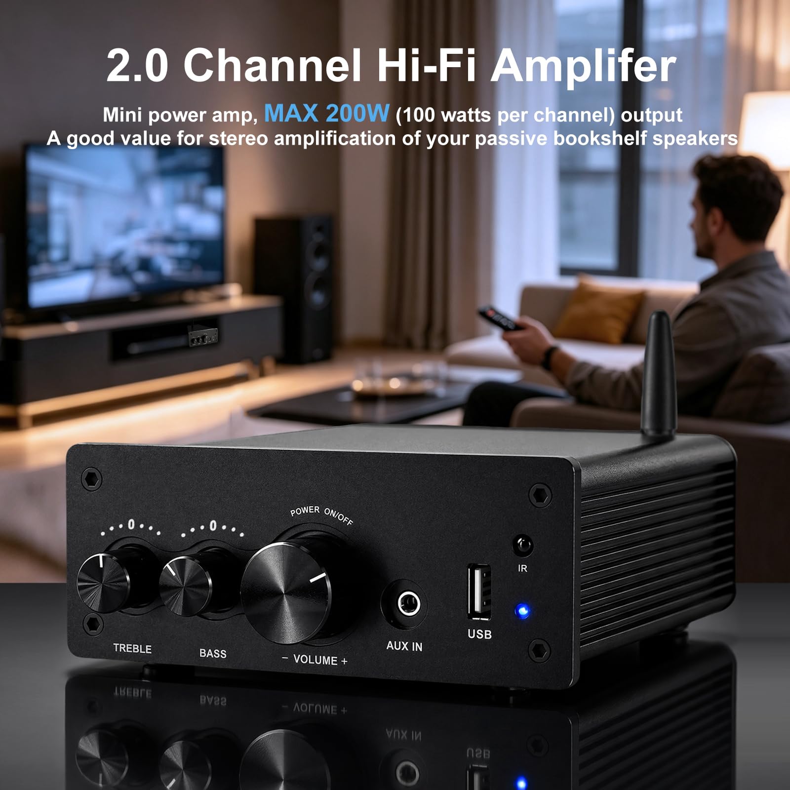 Mini Amplificatore Bluetooth HiFi con Telecomando, Amplificatore Stereo, Ingresso AUX, Uscita Audio L/R 2 Canali, 100W X2 per Diffusori by Passi Casa Audio