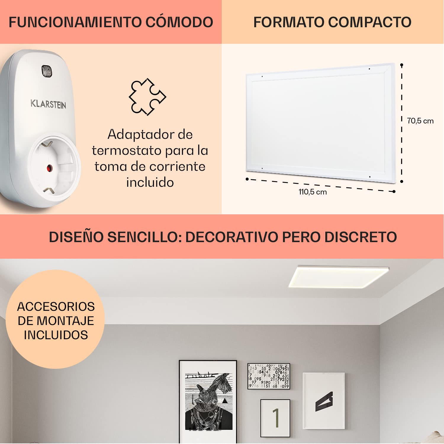 Klarstein Radiador Electrico Bajo Consumo con Panel de Infrarrojos, 600W para Casa, Estufa Portátil Mando a Distancia, Detección Ventanas Abiertas, Calefactor Baño con Termostato Techo y Pared, IP52
