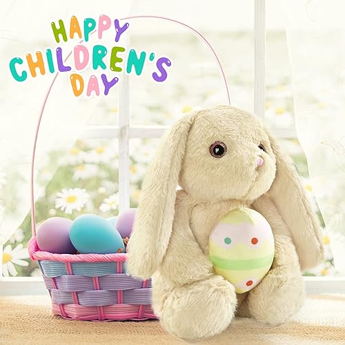 Miniatura 5 de Animal de peluche de conejo con huevo de Pascua de felpa, 12 pulgadas, lindo conejo con orejas largas de conejo, regalos de Pascua, rellenos de