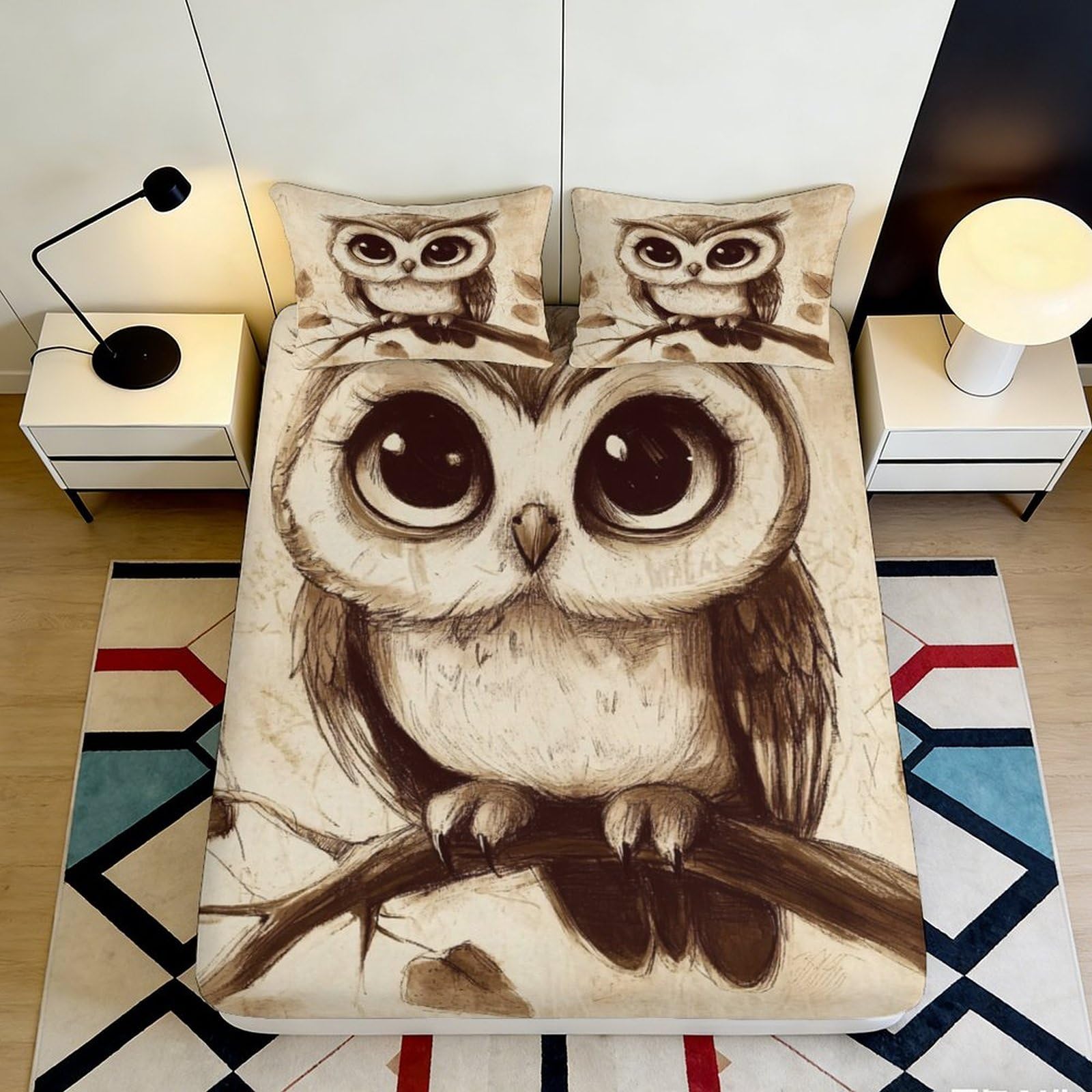 3D Printed Cute Owl Fitted Sheet Microfiber Soft Breathable Big Eyes Bed Cover for Bedroom Dormitory Guest Room Mattress Protection Decor 160x200x25cm