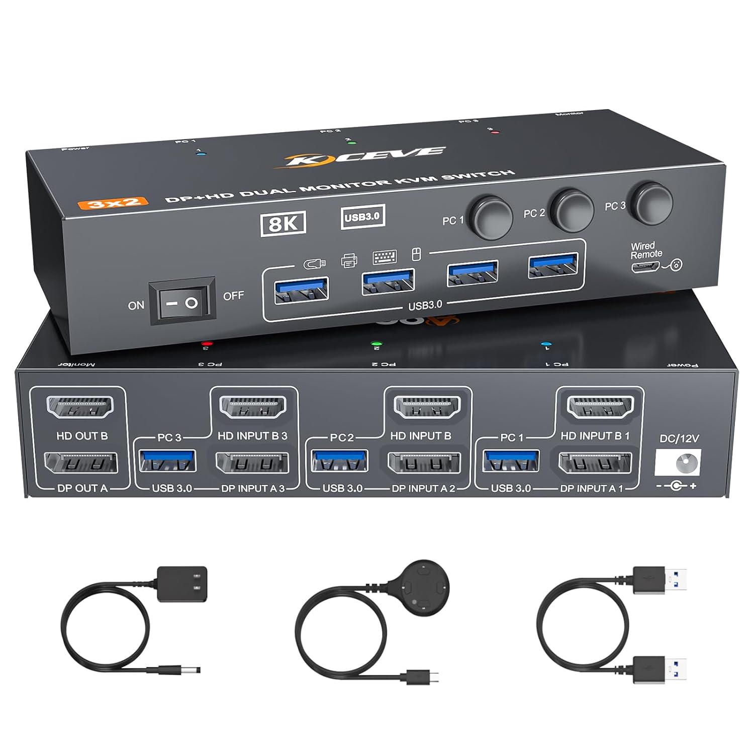 HDMI DP KVM Switch 2 Monitors 3 Computers 8K@60Hz 4K@144Hz,with 4 USB 3.0 Ports for 3 PC Sharing 2 Monitors Keyboard Mouse Printer with 2 USB Cables, Power Adapter and Controller,Black