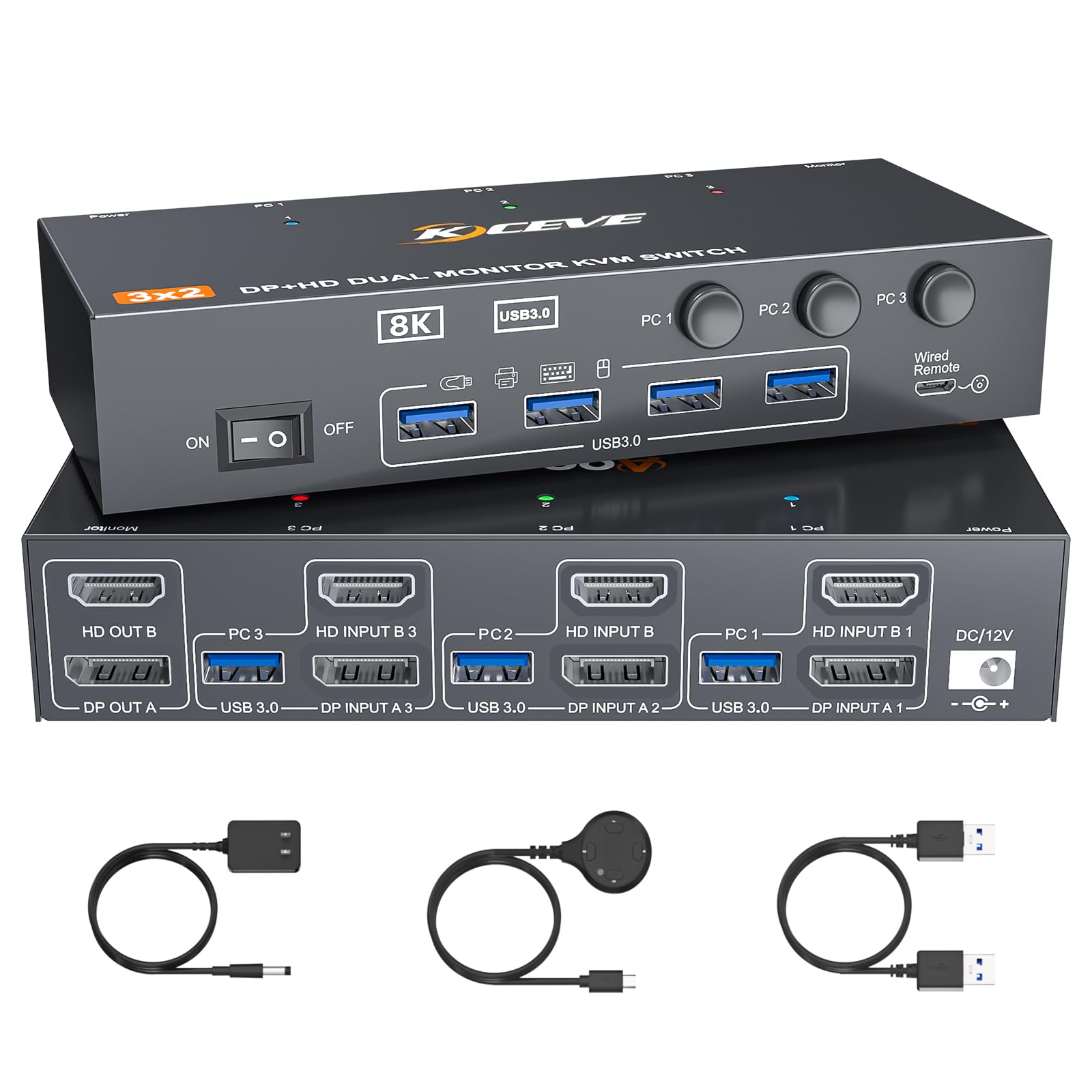 HDMI DP KVM Switch 2 Monitors 3 Computers 8K@60Hz 4K@144Hz,with 4 USB 3.0 Ports for 3 PC Sharing 2 Monitors Keyboard Mouse Printer with 2 USB Cables, Power Adapter and Controller,Black