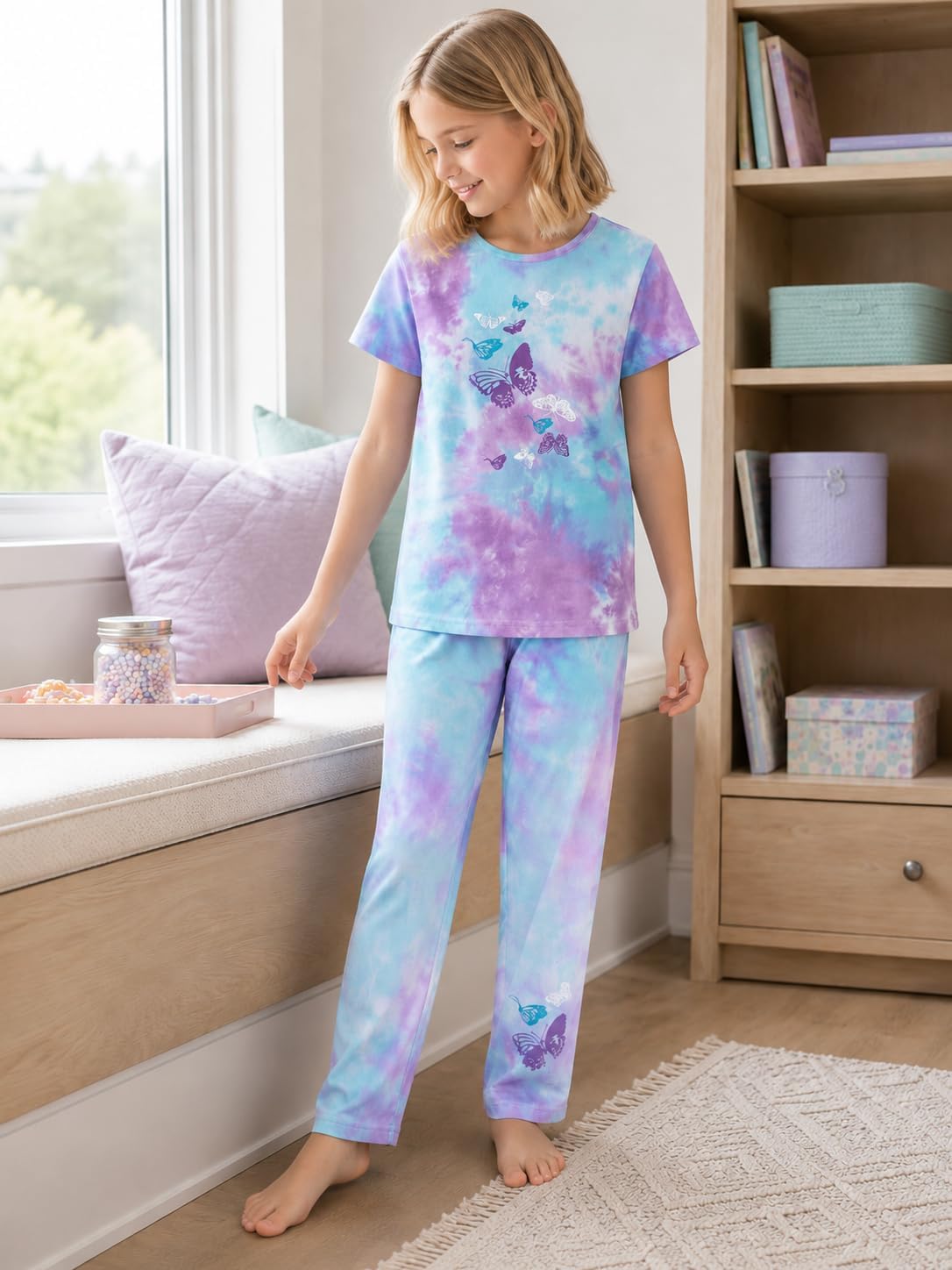 Beezizac Girls' 100% Cotton Pajama Set, Tie-Dye with Various Prints, 4T–18 image 2