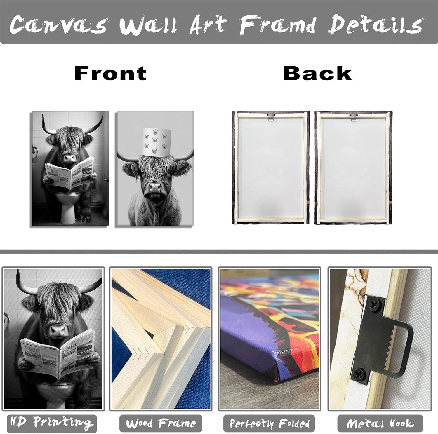 Funny Bathroom Canvas Wall Art 2 Piece Black and White Picture Highland Cow in Toilet Picture Cow Reads the Newspaper Painting Animal Prints Home Decor Framed(Picture-2,11.00"x14.00"x2P)