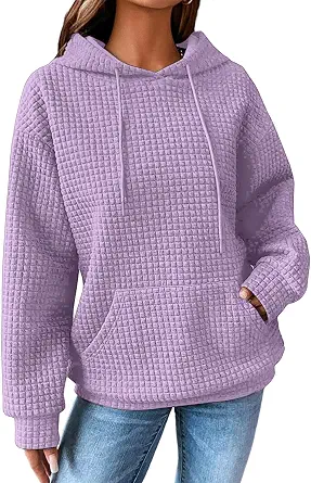  Women Fall Waffle Hoodies Pullover Tops Hooded Sweatshirt