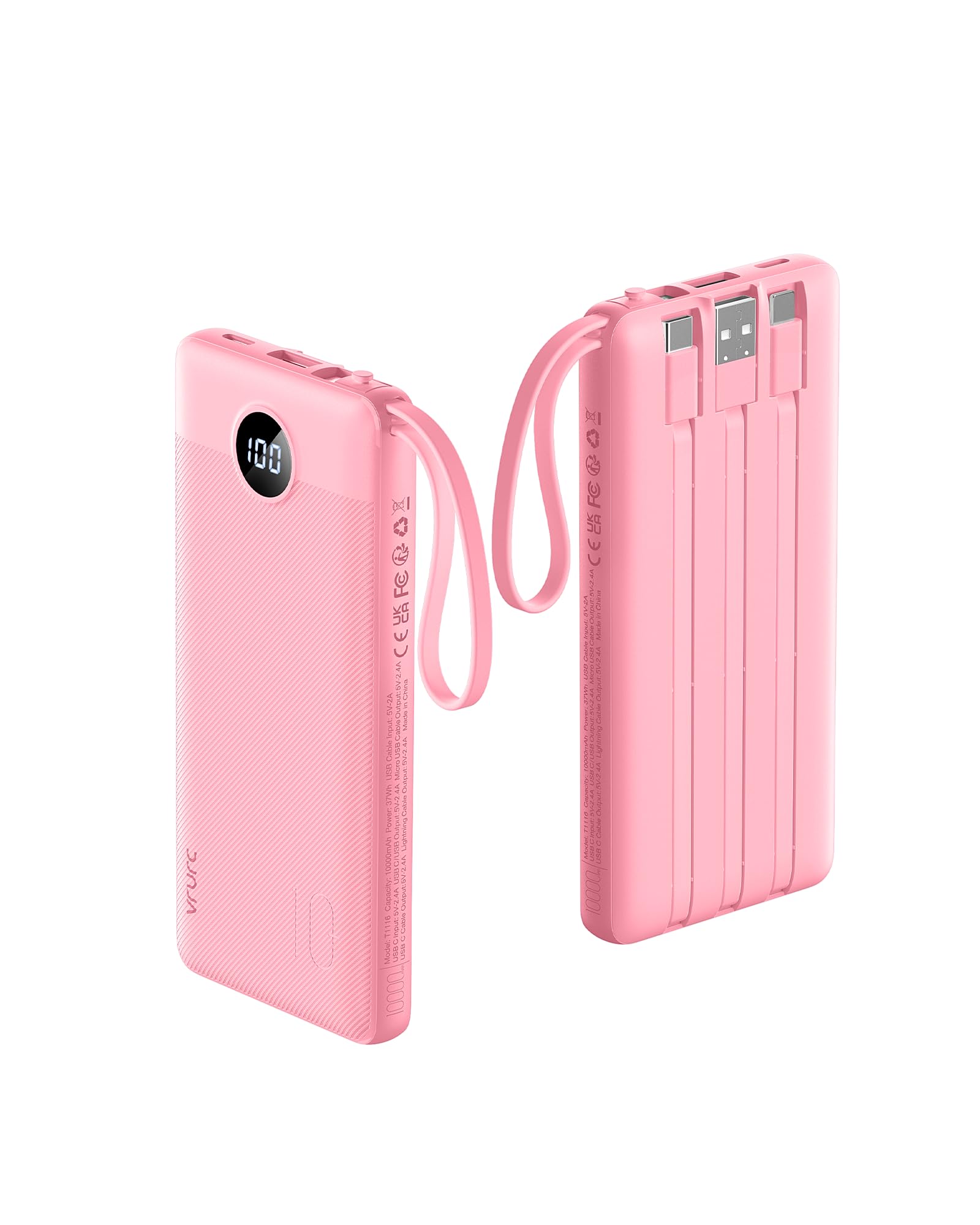VRURC Portable Phone Charger, Built-in 4 Cables USB C Power Bank 10000mAh | Slim Power Bank for Travel,5 Output 2 Inpput Charging Bank,Multi Devices Battery Pack for iPhone,Android-Barbie Pink(1 Pack)