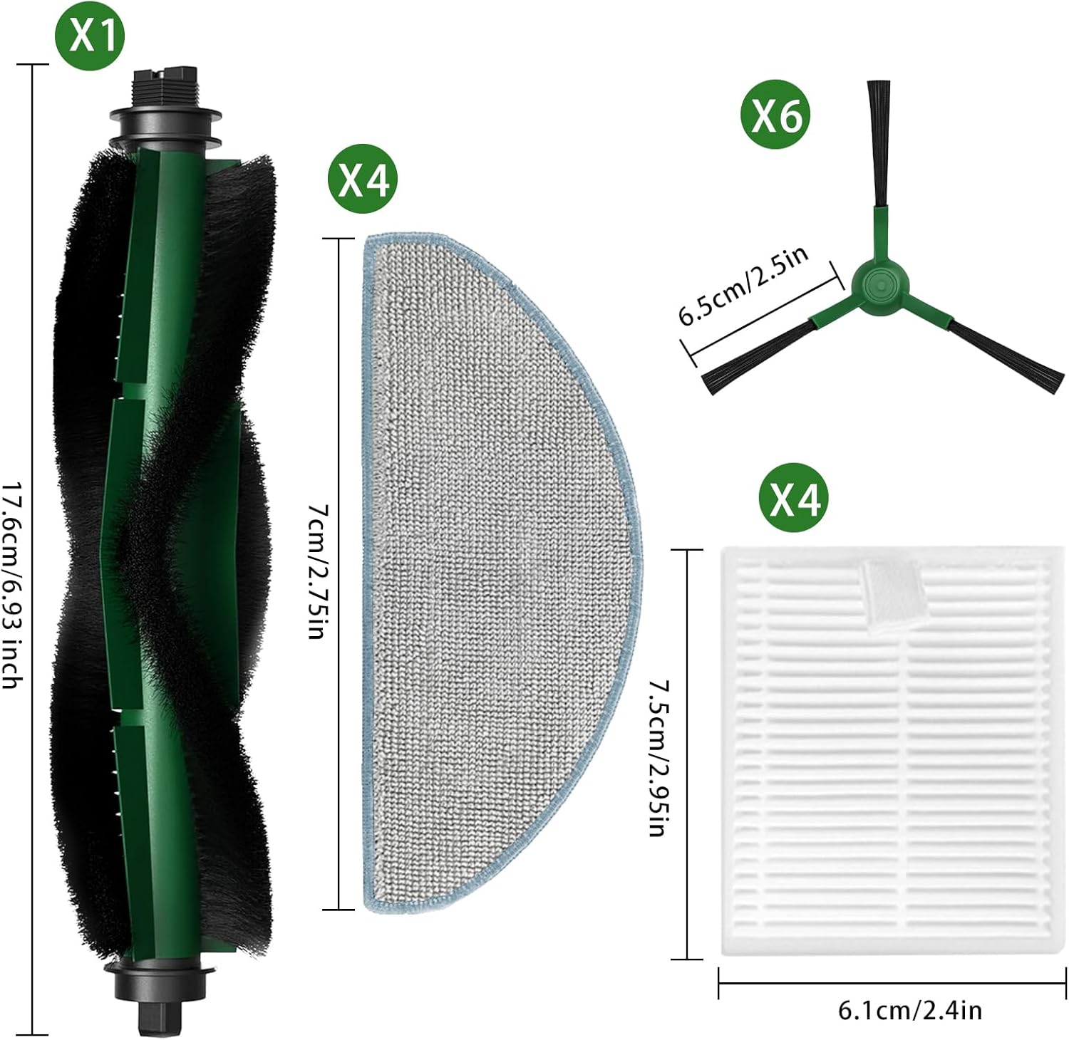 16Pack Replacement Parts for iRobot Roomba Essential Q0120 Y0140 Q0520 Q011 Y0110 Robot Vacuum Cleaner, Accessories Kit:1 Roller Brush,4 HEPA Filters, 4 Mopping Pads,6 Side Brushes,1 Cleaning Brush