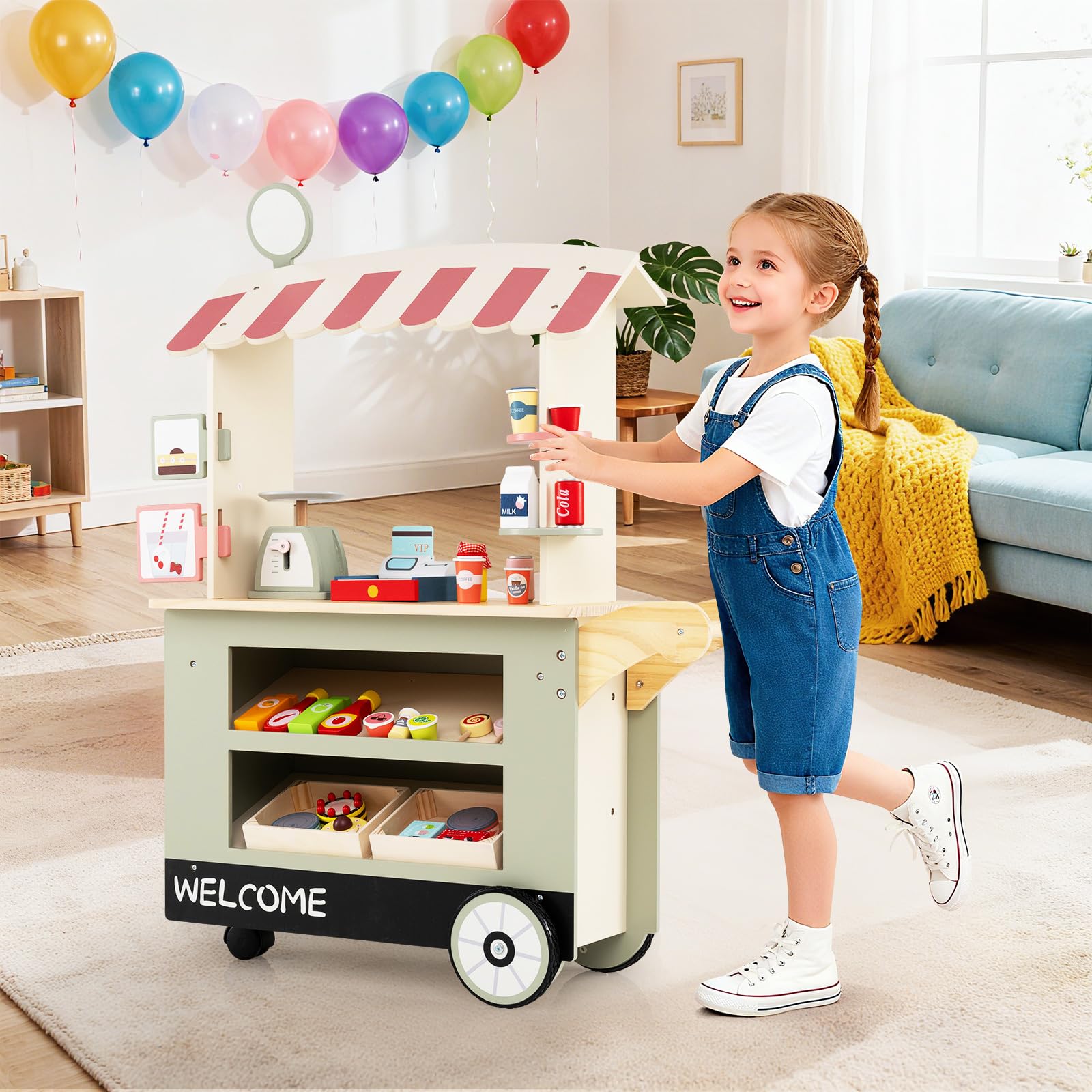 GOPLUS Kinder Kaufladen, Kaufmannsladen mit 2 Ablagen, Baldachin & 30 Zubehör, Einkaufsladen Holz mit 3 Rädern, Schiebegriff, Supermarkt für Rollenspiele, Verkaufsladen für Kinder ab 3 Jahren (Grün)