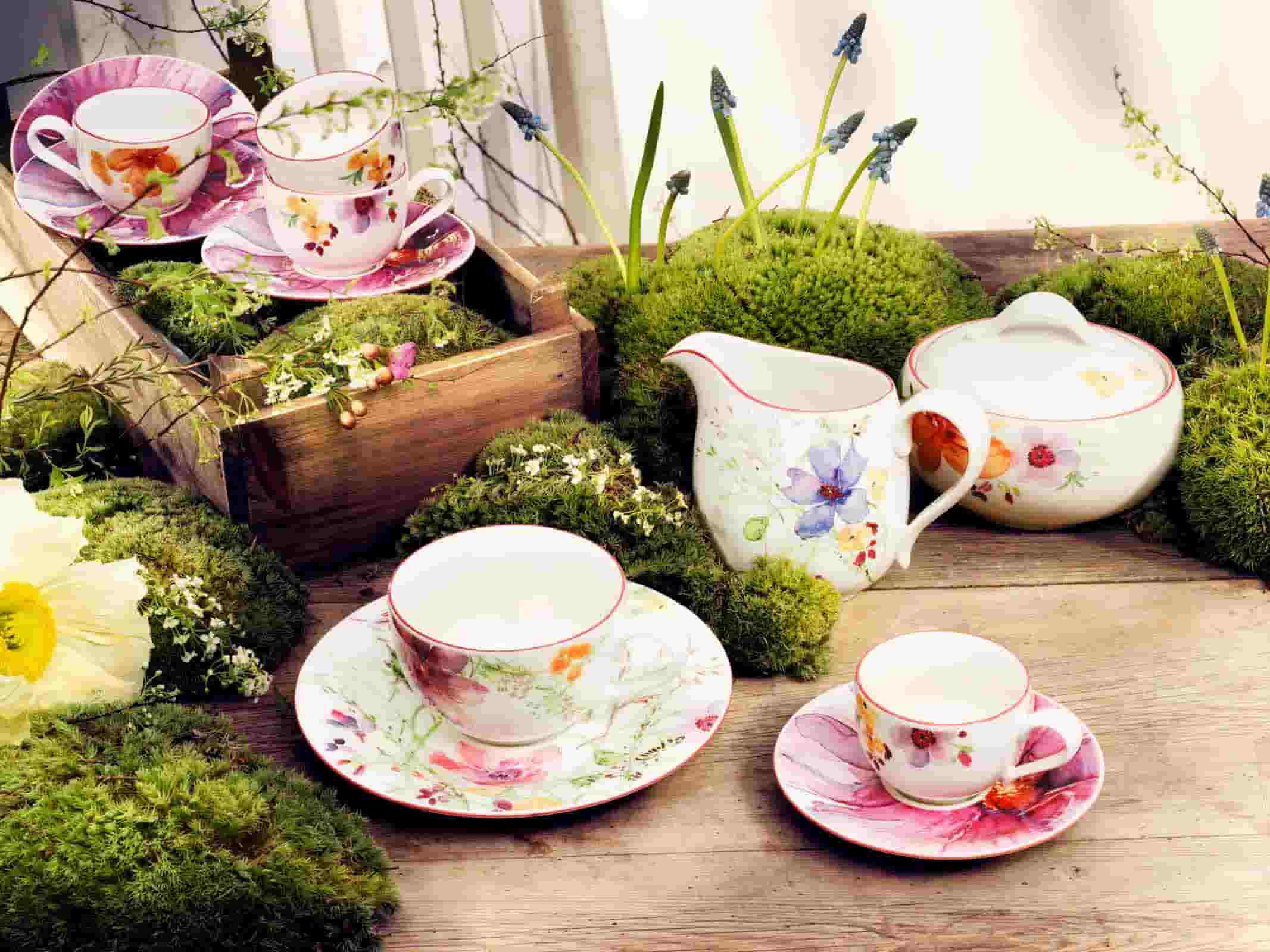 Villeroy & Boch Mariefleur Basic - Set di 6 tazze da caffè con piattino, 80 ml, motivo floreale, in porcellana premium