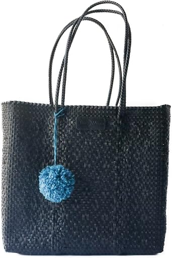 All Black Woven Tote Bag, Black Beach Bag, Eco-Friendly Recycled Plastic Handbag, Water-Resistant, Handcrafted by Artisans Spacious & Durable Shoulder Bag