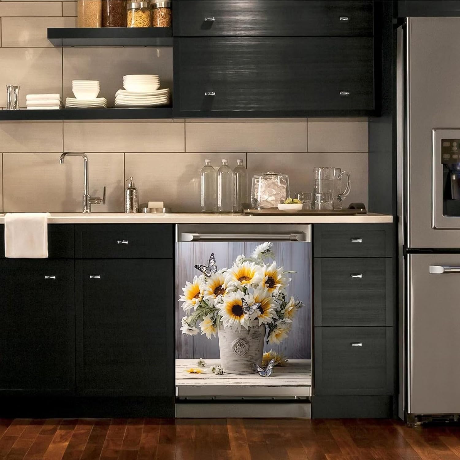 Dishwasher Magnet Cover Kitchen Decor,Rustic Farmhouse Daisy Flowers Butterflies Refrigerator Magnetic Door Cover Vinyl Decal,Home Appliance Magnet Sticker Sheet 23 W x 26 H inches