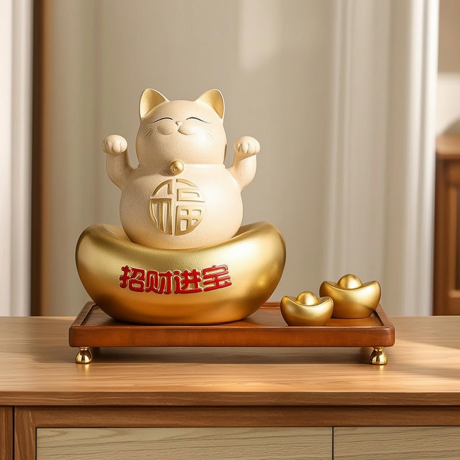 Figurine Décorative en Résine Chat Porte- Neko Statue Sculpture Ornement et Pieds Métal Doré Caractère Chinois en Relief Adaptée à Bureau Réception Plan de Travail, Crème De Café