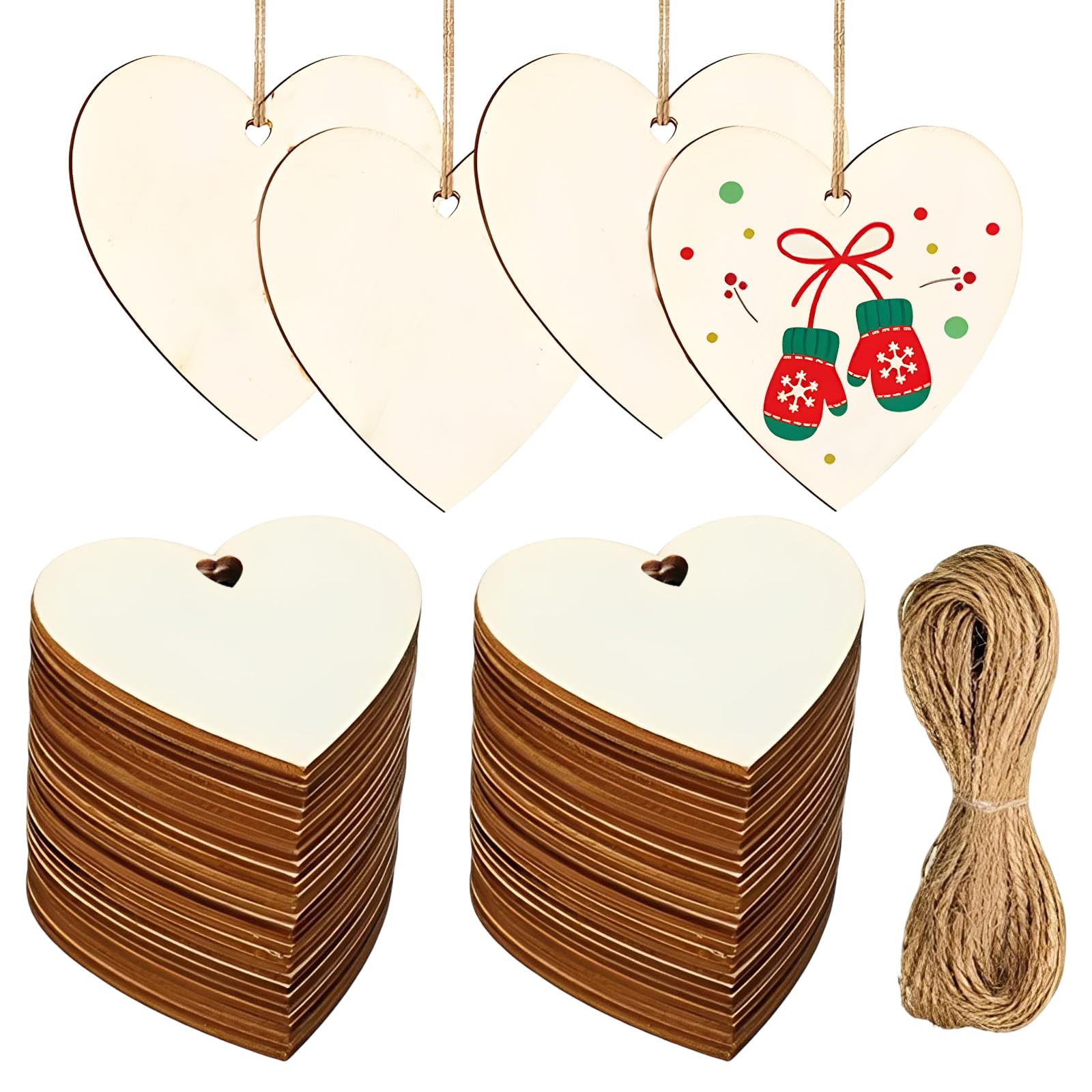 DBAILY Pack of 100 Wooden Hearts Decoration, Wooden Hearts with Jute Cord, 8 x 8 cm, Wooden Hearts for Labelling, Wooden Heart Decoration for Wedding, Party, Christmas, Gift Tags, Crafts