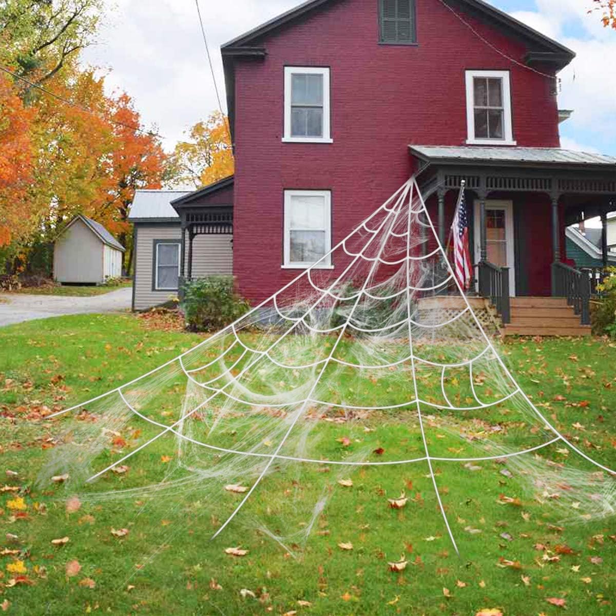UMEELR Halloween Giant Spider Web, 23 X 18ft Triangular Mega Spider Web for Outdoor Halloween Decor Decoration Outdoor Yard, White