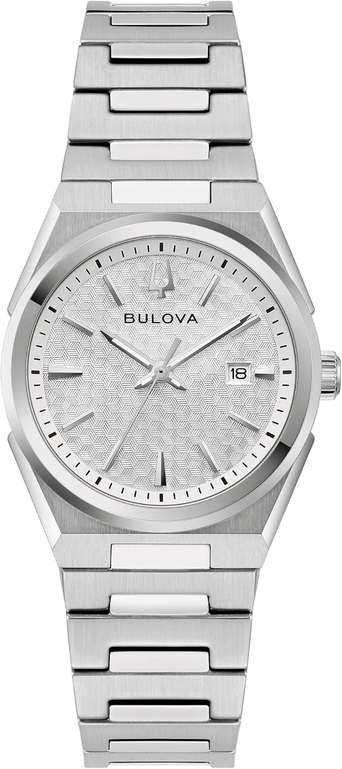 Bulova Ladies Dress Classic 3-Hand Calendar Date Quartz Watch, Stainless Steel Bracelet, Patterned Dial, 28mm