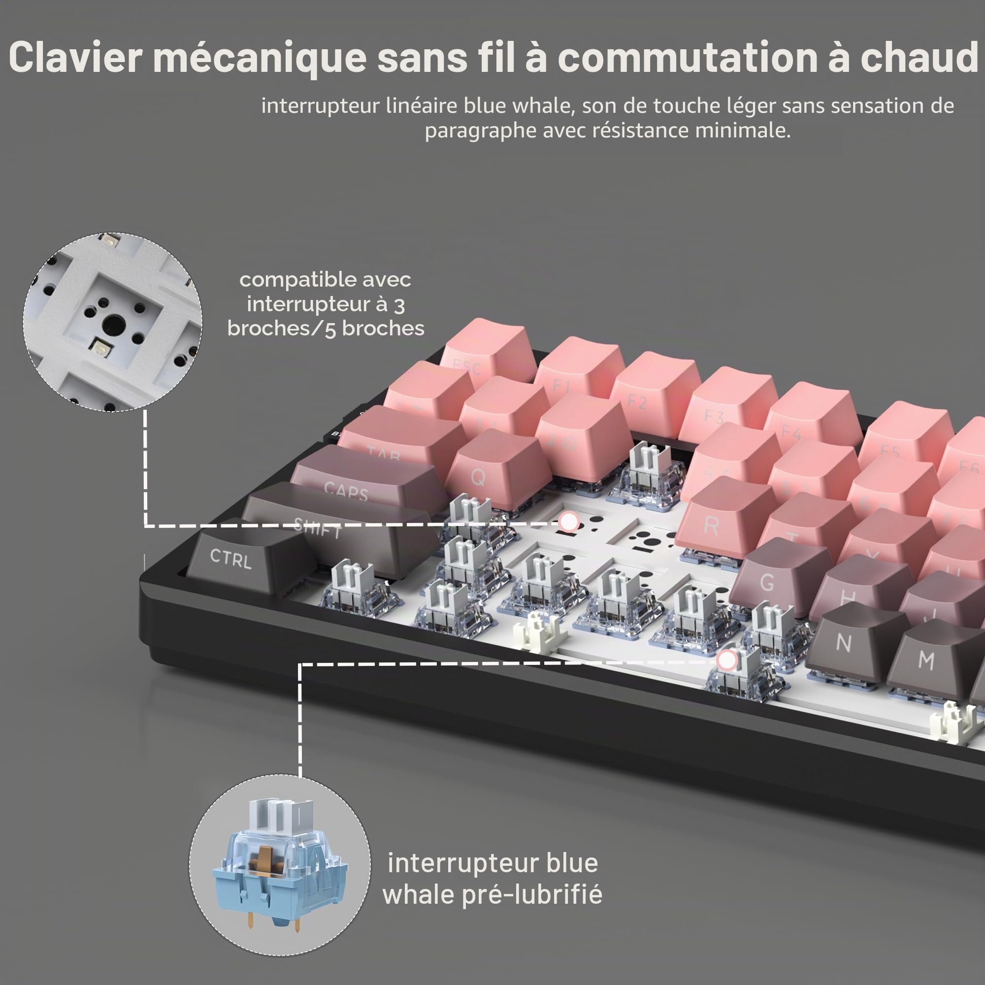 MageGee Clavier Gamer Mécanique | Clavier sans Fil Gamer Mécanique pour PC, PS5 | Structure Gasket, 2.4G/USB-C/BT5.0, Rétroéclairage RGB, Keycaps PBT à Impression Latérale
