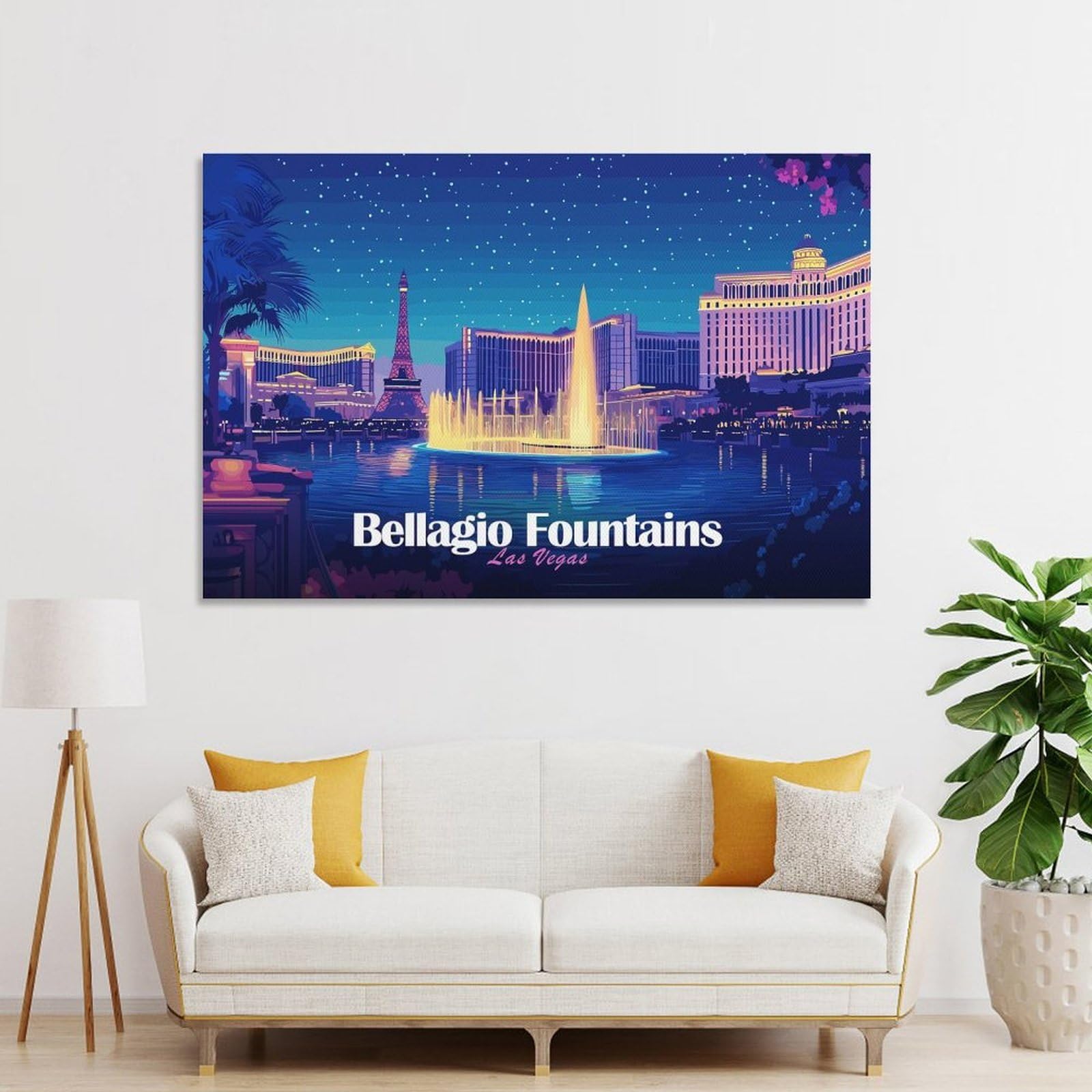 Junmoney Unframe-Style-2-1 Bellagio Fountains Las Vegas Night Wall Decor Canvas Print, 08X12inch(20X30cm), For Lounge, Bedroom Or Personal Spaces, Thoughtful Wall Decor For Art Lovers