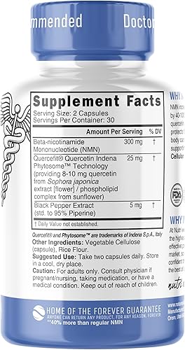 Miniatura 2 de Suplemento NMN de 300 mg NAD Suplemento - Nutri Ultra Alta Absorción Estabilizado NMN Nicotinamida Mononucleótido, 40% más NAD+ con Quercetina