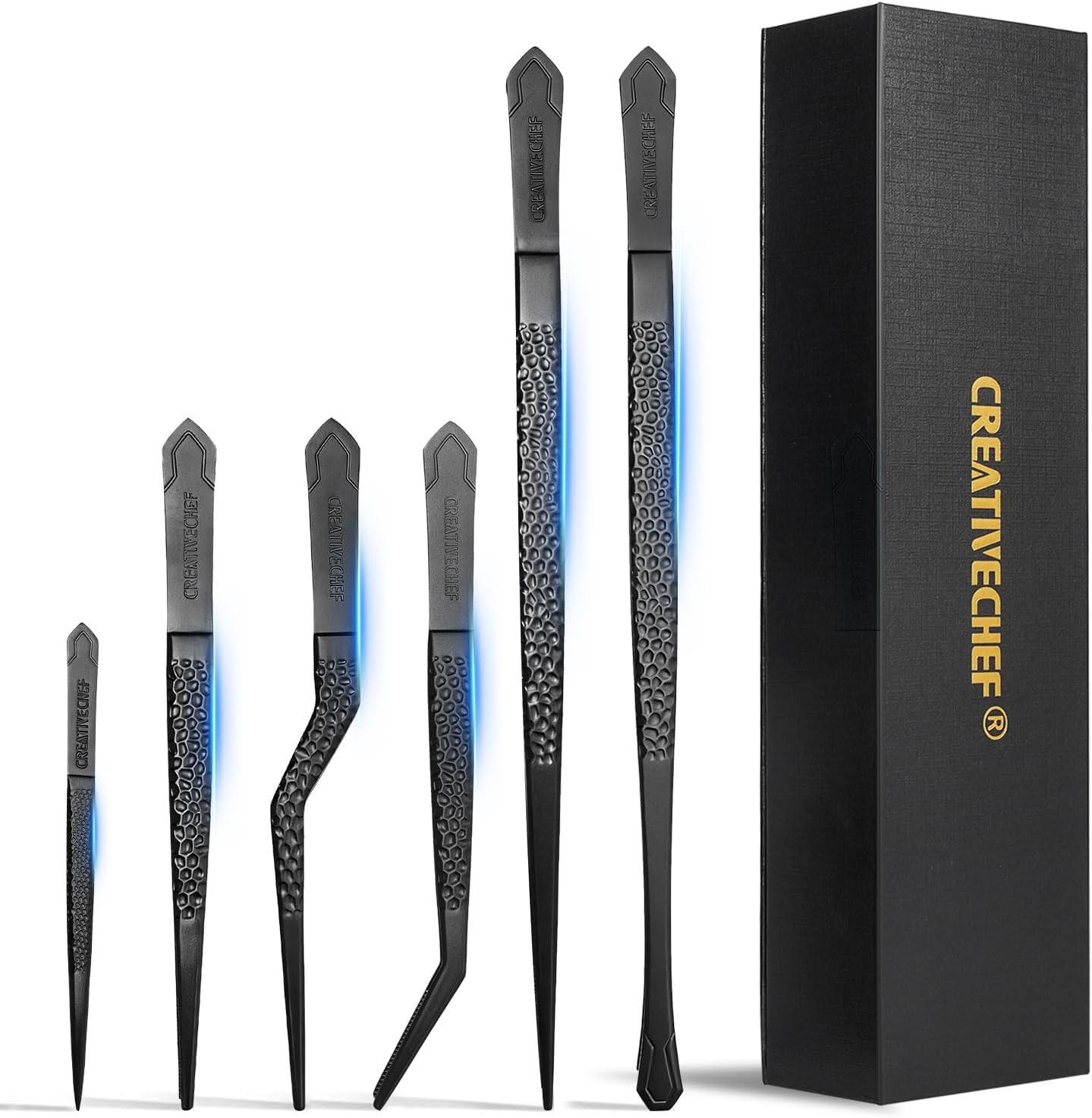 CREATIVECHEF 6Pcs Titanium Cooking Tweezers Set - Precision Culinary Tweezers for Plating, Lightweight Professional Chef Tweezers for BBQ, Sushi & Pasta, High Hardness Kitchen Tweezers with Case