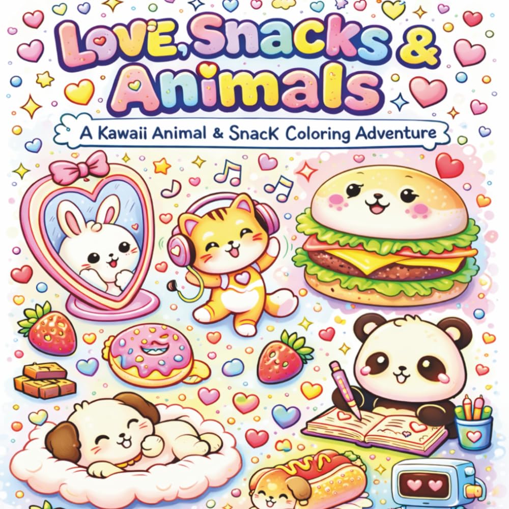 “Love, Snacks & Animals”: Cute animals, sweet snacks, and cozy moments to color and relax.