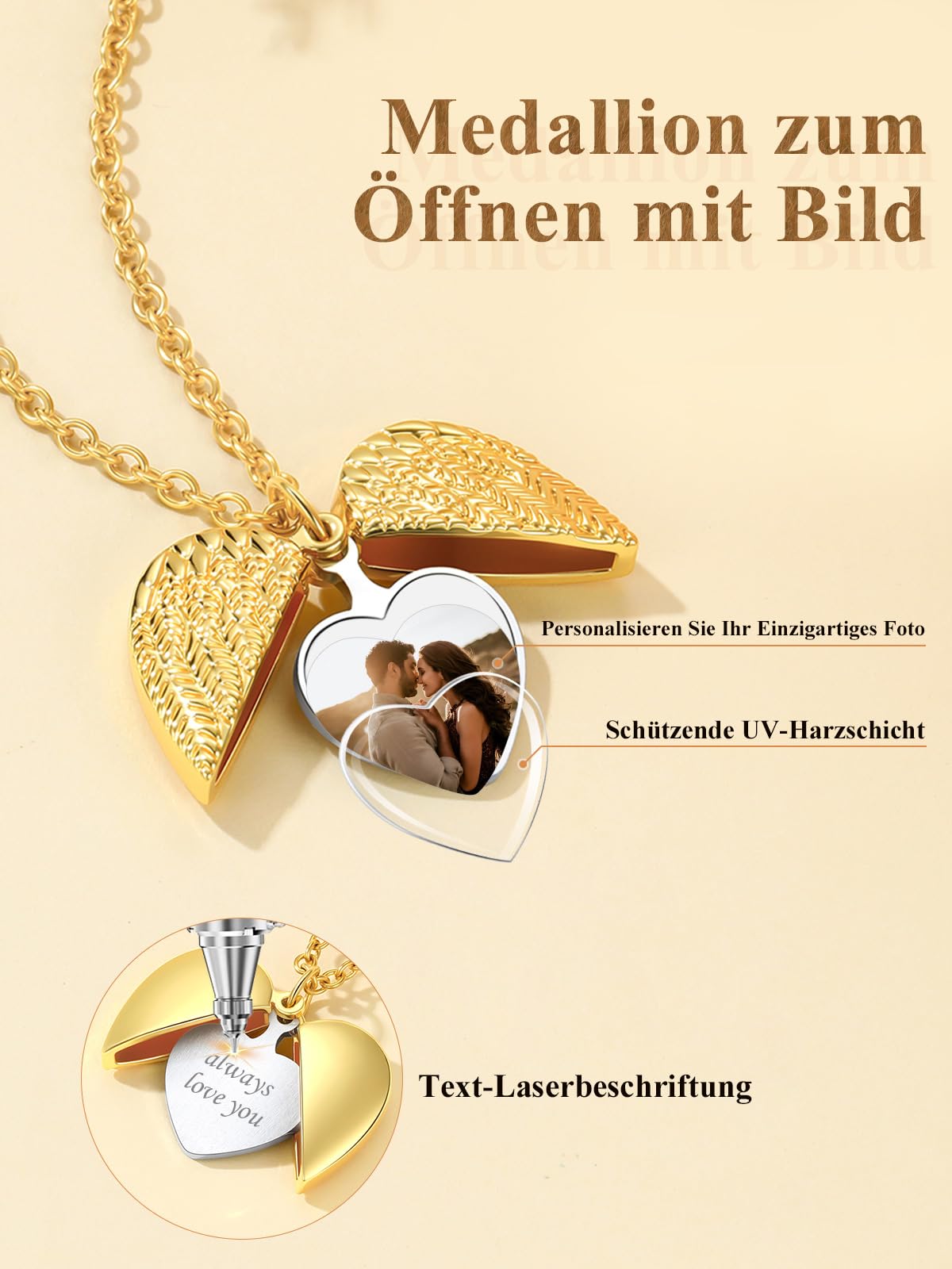 Custom4U Personalisierte Medaillon zum Öffnen für Bilder Memorial Damen Herz Engelsflügel Medaillon Kupfer Foto Kette mit Gravur Silber/Gold/Schwarz Locket Amulett mit 46cm/51cm kette