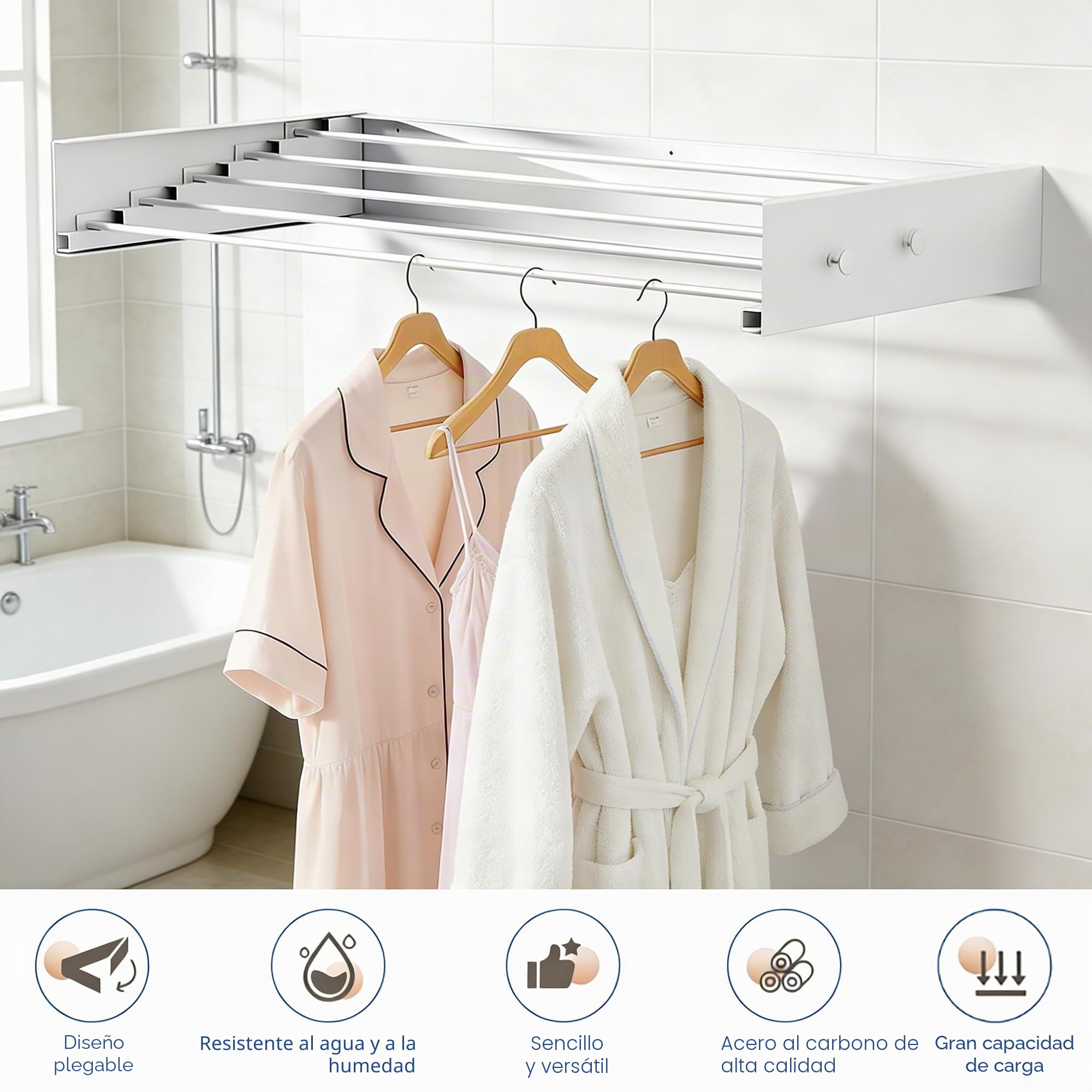 Tendedero plegable para montaje en pared, soporta hasta 25 kg, ahorra espacio, ideal para baño, balcón y apartamentos pequeños, fácil instalación (5 varillas de secado de 60 cm)