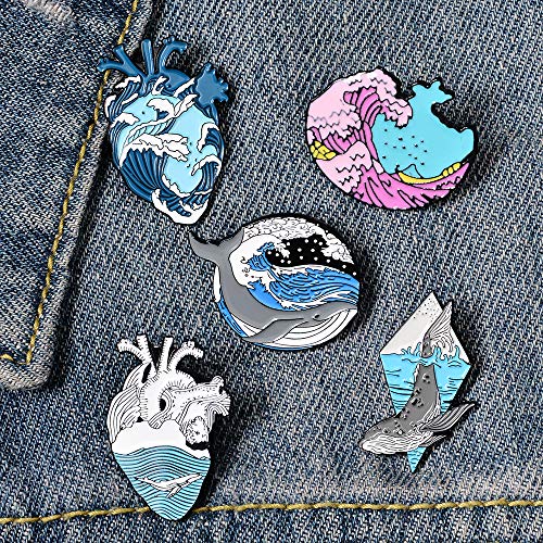 Gillna 5 Pcs Blue Ocean Wave Heart Enamel Pins Set Whale Brooches Lapel Pins Ocean Theme Freedom Blue Sea Art Badges for Bag Clothes Backpack Denim Jewelry Gifts - Thumbnail 2
