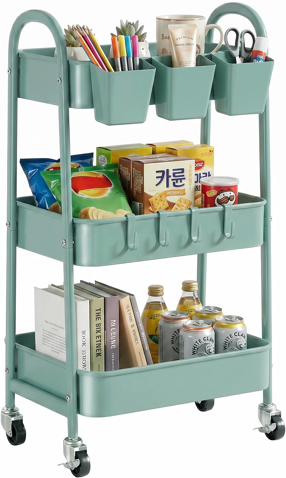 danpinera 3-Tier Rolling Cart, Metal Rolling Storage Cart with Lockable Wheels & Hanging Cups & Hooks, Mobile Trolley Cart for Kitchen, Bathroom, Office, Workshop, Green
