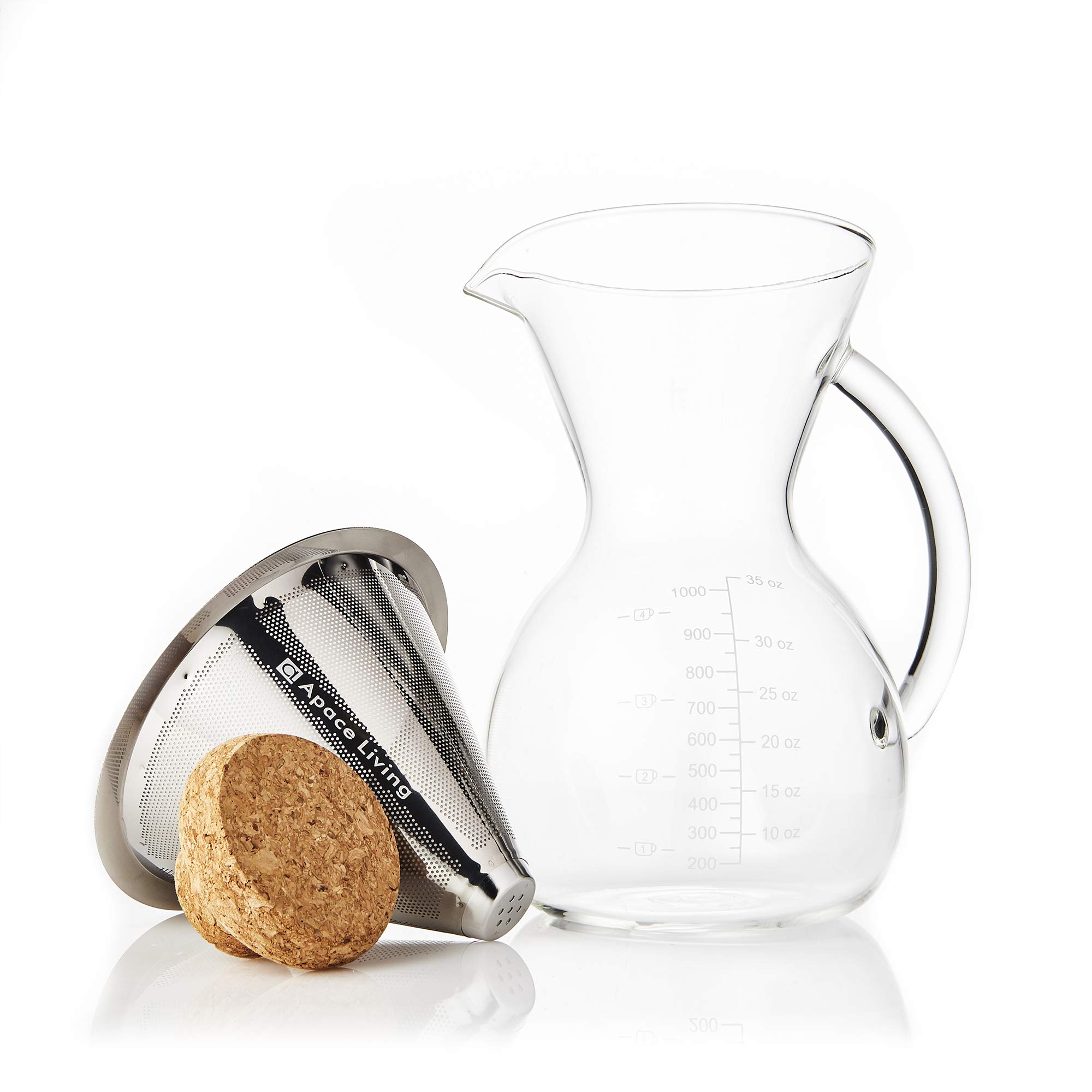 Apace Living SultryBrew Pour Over Kaffeebereiter 1L inkl. Kaffeeschaufel und Korkdeckel Eleganter Handfilter für Filterkaffee mit Glaskaraffe & Permanentfilter aus Edelstahl (1000 ML)