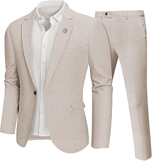 Men 2 Piece Regular Fit Linen Suit, Casual Blazer Pants Set, Lightweight Jacket Trouser for Wedding Prom