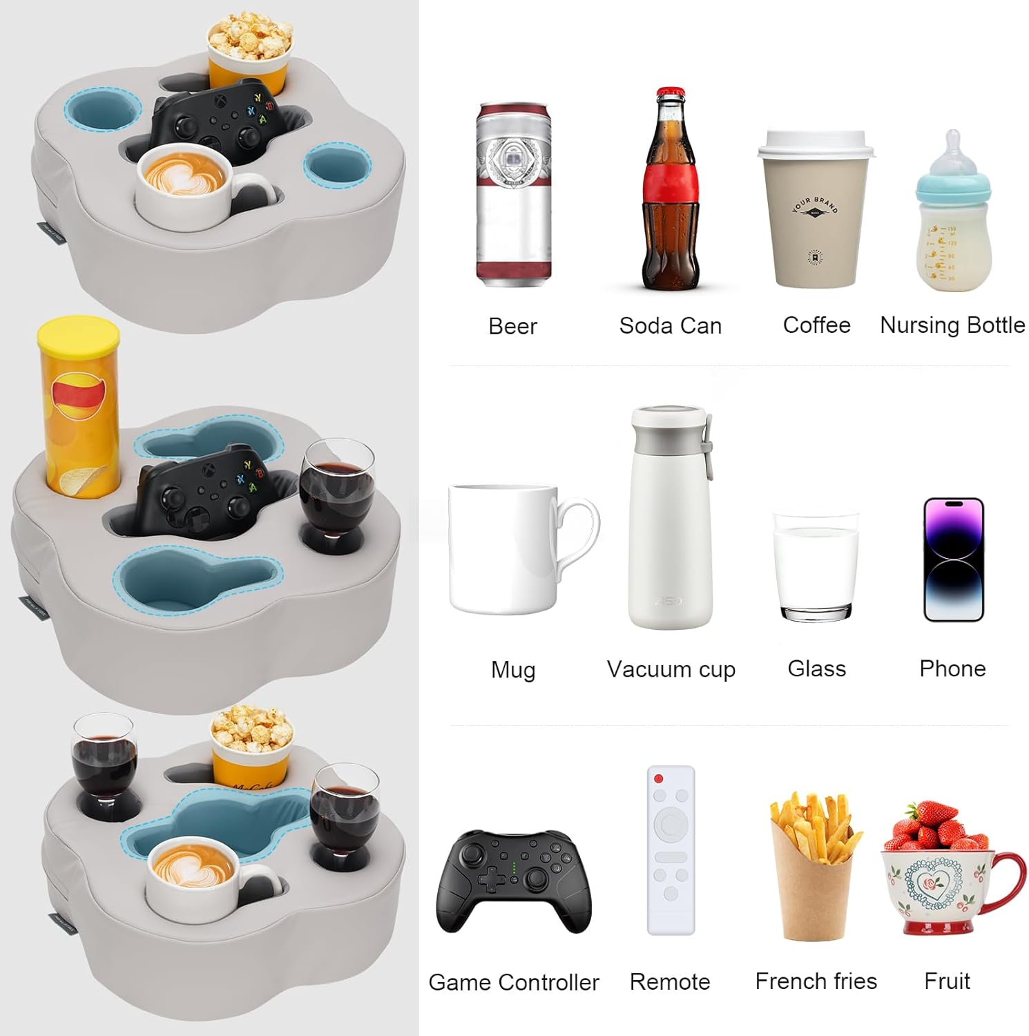 Couch Cup Holder Pillow, Sofa Organizer Caddy Bed Refreshment Tray for Drinks, Remotes, Phones, Snacks (PUGrey)