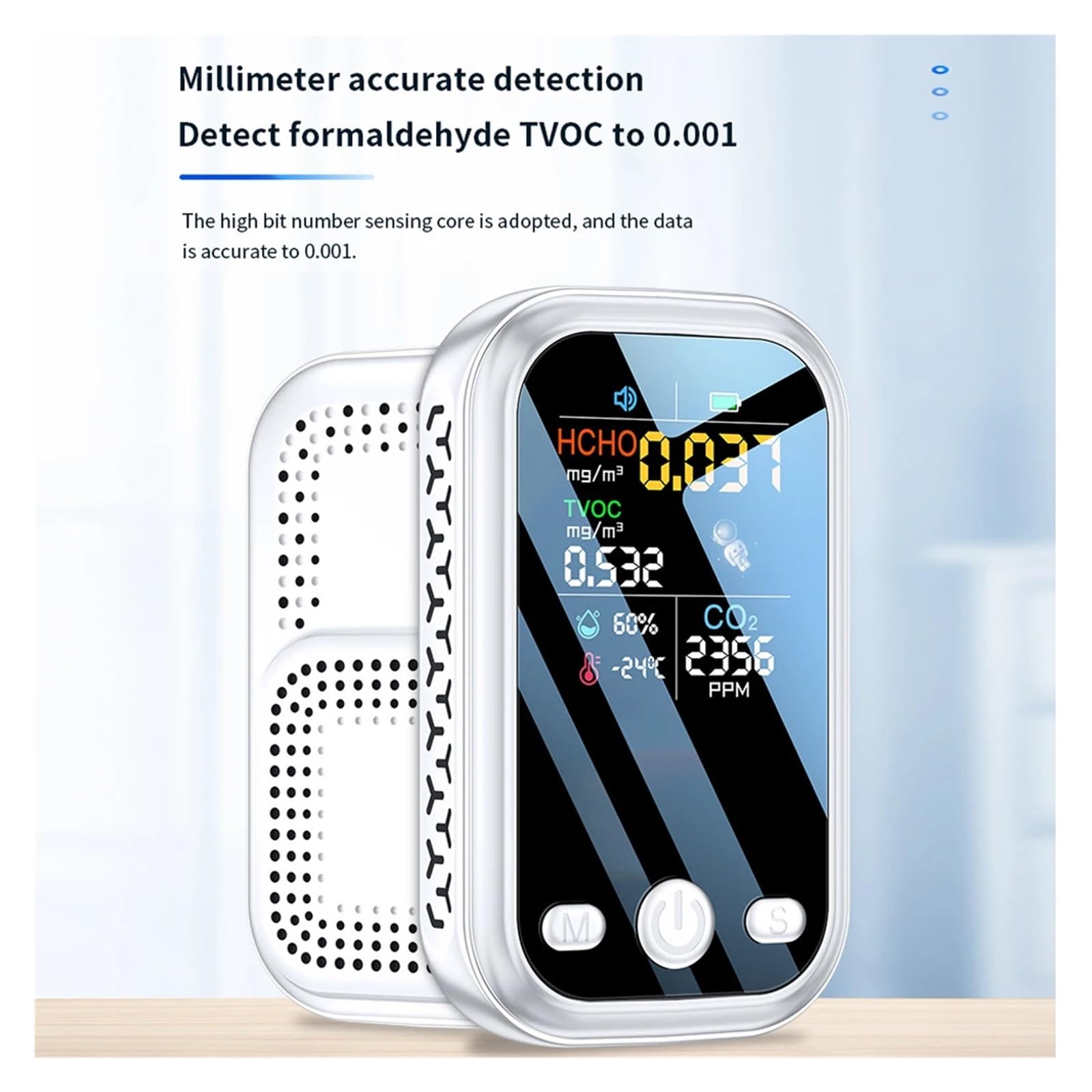 Détecteur De Qualité L'air, Résolution 240x280, Capteurs À Semi-conducteurs Haute Sensibilité 5 en 1 HCHO TVOC CO2, Testeur Température Et D'humidité Rapide Et PréCis(White)