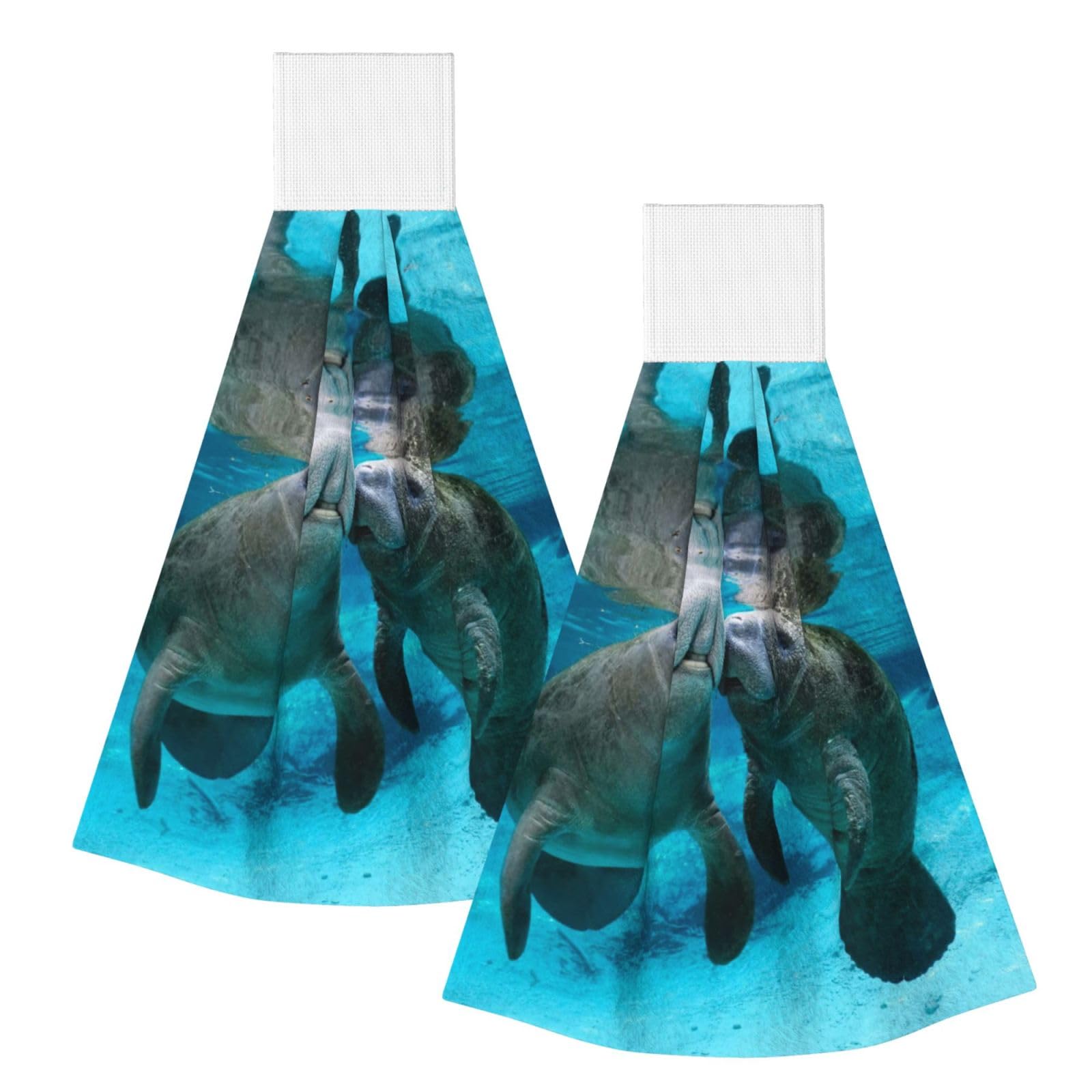 DOPKLNA Lovely Manatee Lovers Kiss, 2 Pcs Hanging Coral Fiber Hand Towels for Bathroom, Absorbent Kitchen Towels