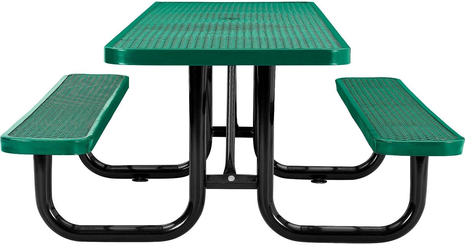 Global Industrial 8'L Rectangular Picnic Table, ADA Compliant, Expanded Metal, Green Thermoplastic Coating, Attached Benches, 1-1/2” Umbrella Pole Hole, Outdoor-Rated