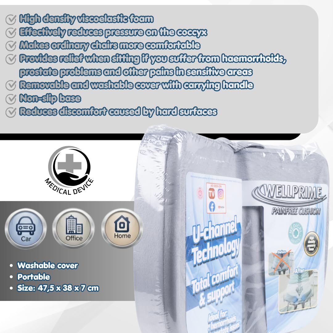 BEST DIRECT WELLPRIME Painfree Cushion Cojín ergonómico, Reduce presión sobre coxis, Ideal Problemas de próstata, hemorroides o Hernias, Extra Comodidad, Oficina, Camiones, Coches, Hogar (Set 2)