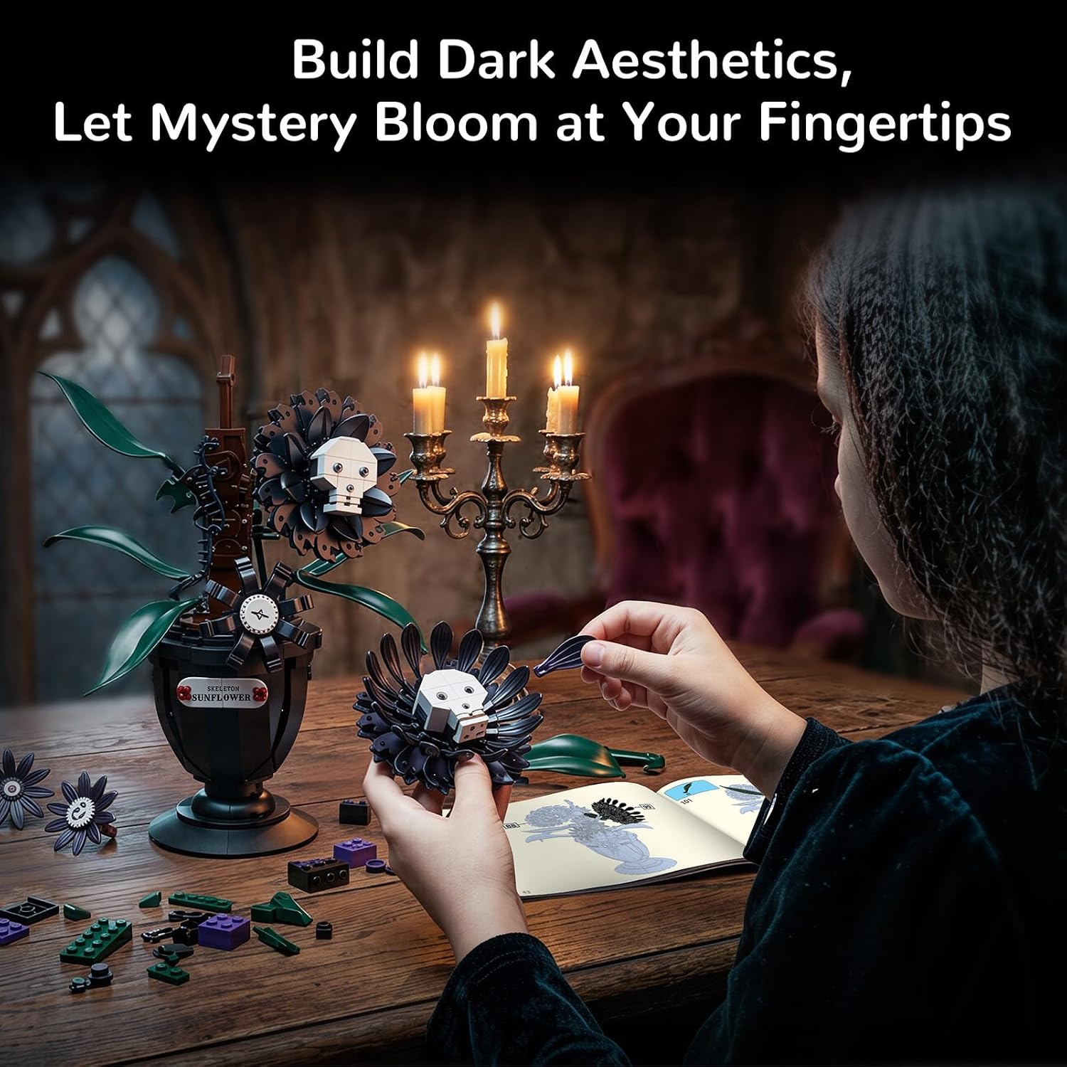 Gothic Skull Sunflower Building Kit, Glow in Dark Halloween Decor Gift image 2