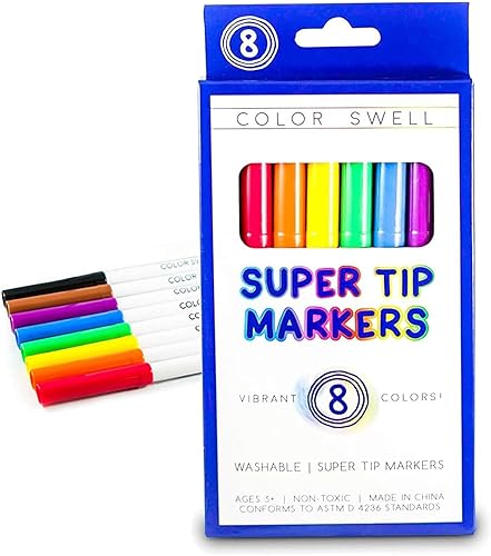 Color Swell Paquete de 8 marcadores Super Tip  Lavables, no tóxicos, ideales para niños, estudiantes, adultos y actividades en el aula