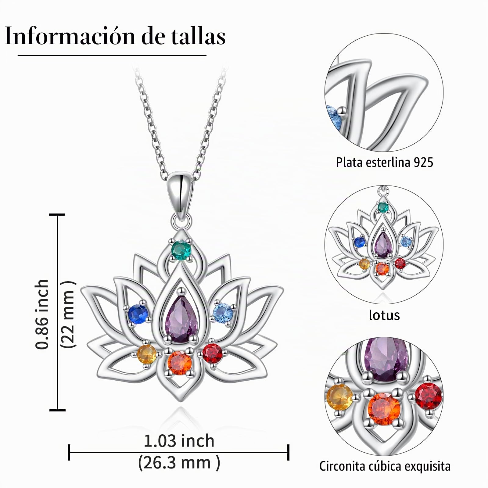 Flyow Juego de joyas Lotus Chakra de plata de ley 925 con 7 chakras, pendientes y collar de yoga, flor de loto, regalo para mujer, 0,87*1,03 Zoll, Plata esterlina